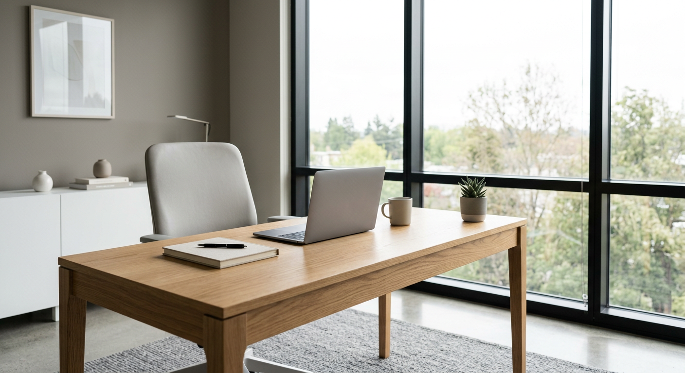 Tidy office desk with a notebook beside a bright window